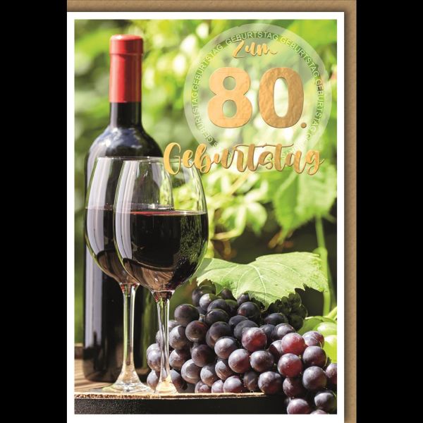 80. Geburtstag Glückwunschkarte mit Umschlag Weinglas, Weinrebe