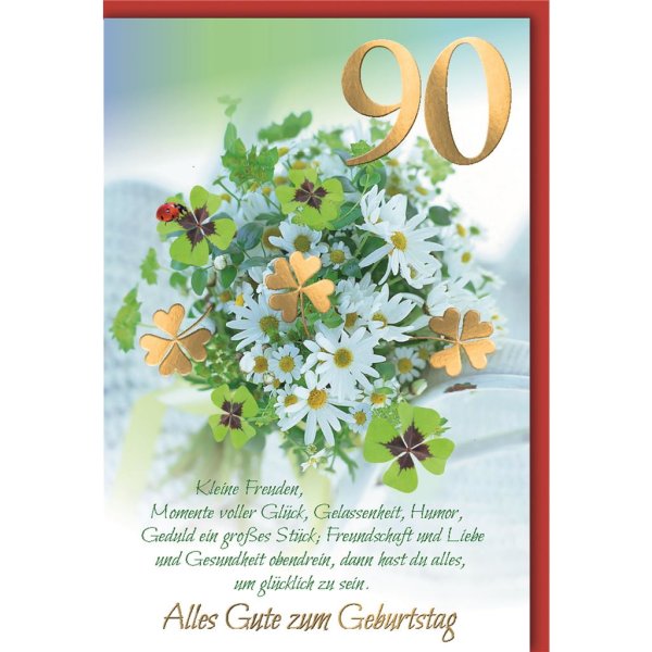 90. Geburtstag - Glückwunschkarte im Format 11,5 x 17 cm mit Umschlag - goldenes Kleeblatt - Verlag Dominique