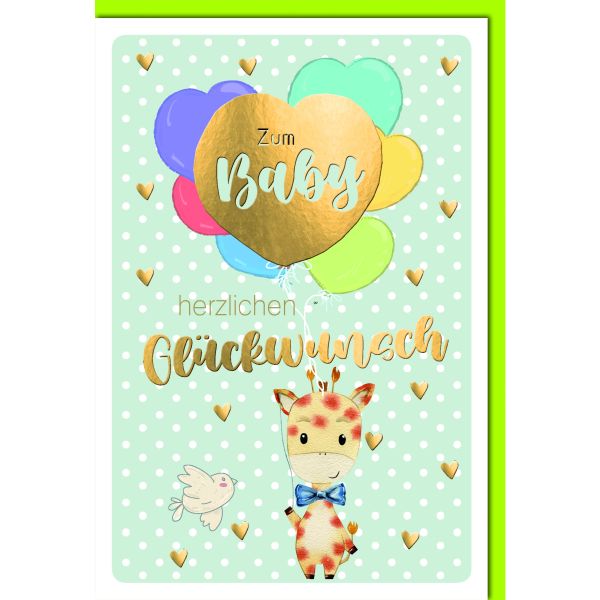 Geburt Baby Freudiges Ereignis Karte mit Umschlag Giraffe, Vogel, Ballon