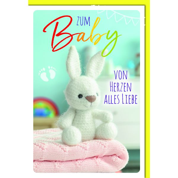 Geburt Baby Freudiges Ereignis Karte mit Umschlag weißer Plüschhase