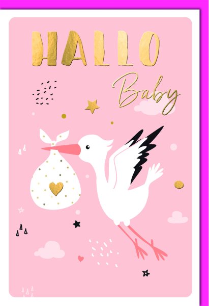 Geburt – Baby – Freudiges Ereignis - Karte mit Umschlag - Storch mit Beutel, rosa
