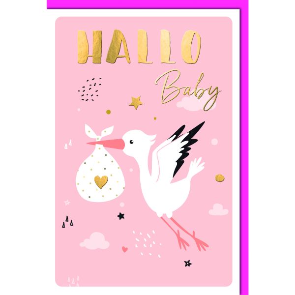 Geburt Baby Freudiges Ereignis Karte mit Umschlag Storch mit Beutel, rosa