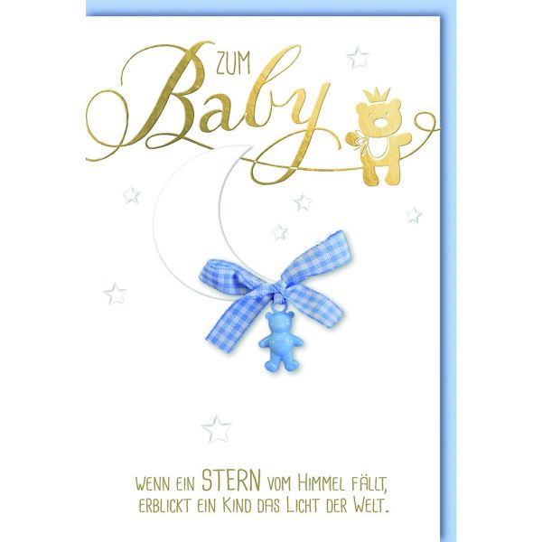Geburt Baby Freudiges Ereignis Karte mit Umschlag Teddy mit Schleife blau