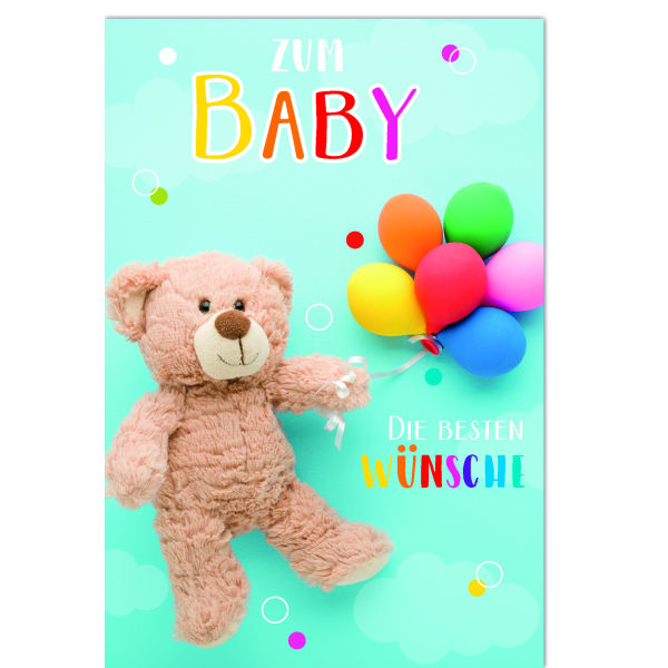 Geburt Baby Freudiges Ereignis Karte mit Umschlag Teddybär mit bunten Luftballons