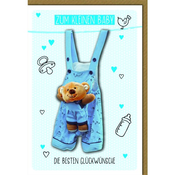 Geburt Baby Freudiges Ereignis Karte mit Umschlag Latzhose Teddybär, blau