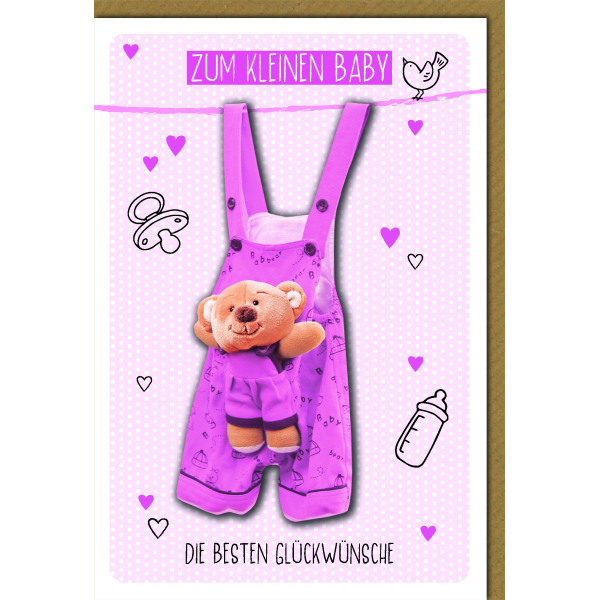 Geburt Baby Freudiges Ereignis Karte mit Umschlag Latzhose Teddybär, lila