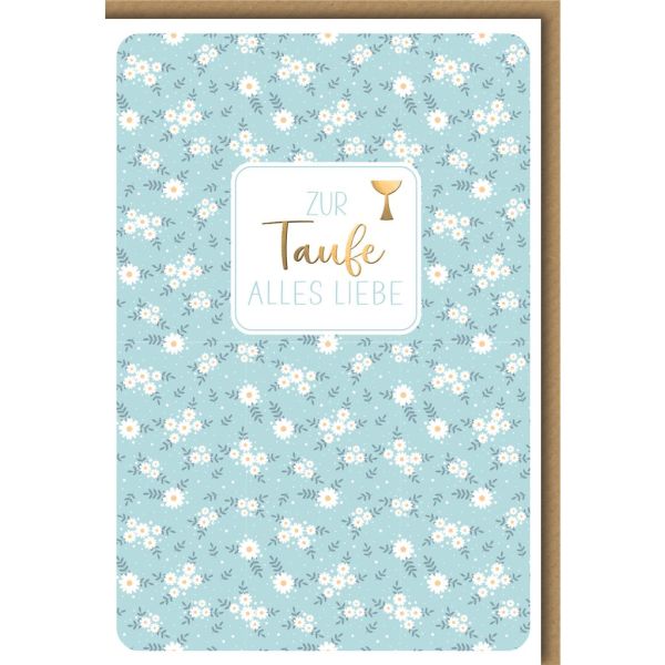 A Taufe Glückwunschkarte mit Umschlag Blumen, weiß, blau