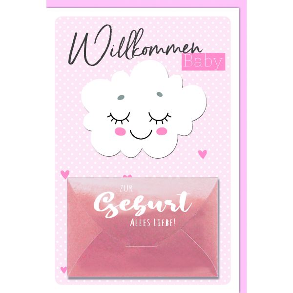 Geburt Baby Freudiges Ereignis Geldkarte Karte mit Umschlag Wolke mit Geldtasche rosa