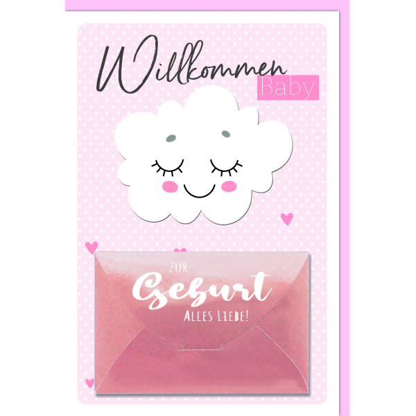Geburt Baby Freudiges Ereignis Geldkarte Karte mit Umschlag Wolke mit Geldtasche rosa