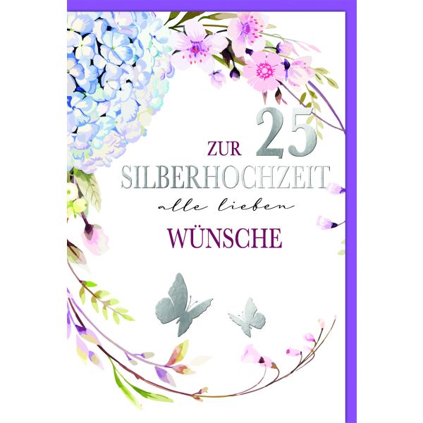 Silberhochzeit Glückwunschkarte mit Umschlag Blumen, Schmetterlinge