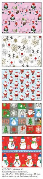 Sortiment Geschenkpapier Weihnachten UVP: € 75,00 - Kinderdekore - 30 Röllchen 70cm x 200cm á UVP 2,50