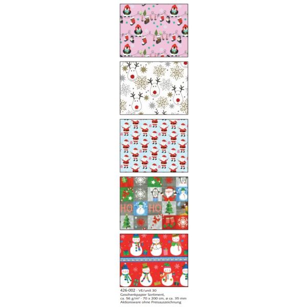 Sortiment Geschenkpapier Weihnachten UVP: € 75,00 - Kinderdekore - 30 Röllchen 70cm x 200cm á UVP 2,50