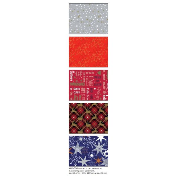 Geschenkpapier Weihnachten Sortiment 30 Röllchen 70cm x 200cm á € 2,79 Bundle € 83,70