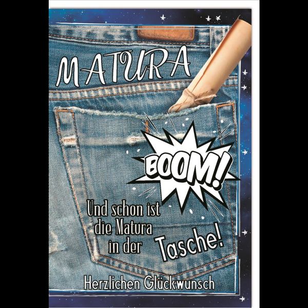 Matura Glückwunschkarte mit Umschlag Jeans, Hosentasche