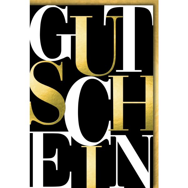 Gutschein Karte mit Umschlag gold, schwarzer Hintergrund