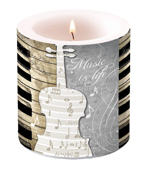 Kerze klein – Candle small – Format: Ø 7,5 cm x 9 cm – Brenndauer: 35 Std. - 1 Kerze pro Packung - Music Is Life – Musik ist Leben