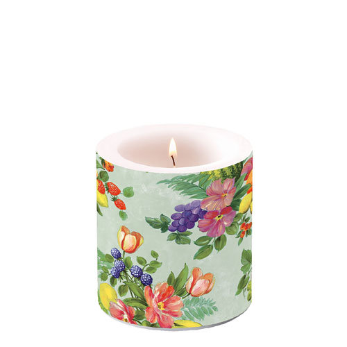 Kerze klein – Candle small – Format: Ø 7,5 cm x 9 cm – Brenndauer: 35 Std. - 1 Kerze pro Packung - Flowers And Fruits Green – Blumen und Obst grün