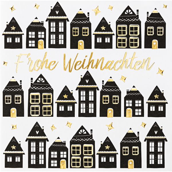 Weihnachten Black & Gold Quadratische Glückwunschkarte mit Umschlag Häuser Frohe Weihnachten