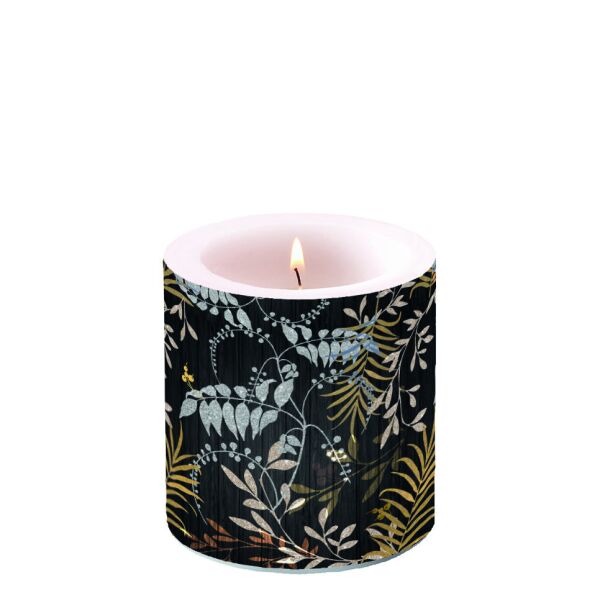 A Kerze klein Ø 7,5 cm x 9 cm Brenndauer 35 Std. Luxury Leaves Black Luxus Blätter schwarz