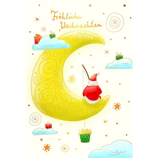 Weihnachten Skorpions art Glückwunschkarten Weihnachtsmann auf Mond, Wolken, Geschenke, Naturkarton, mit Goldfolie und Blindprägung