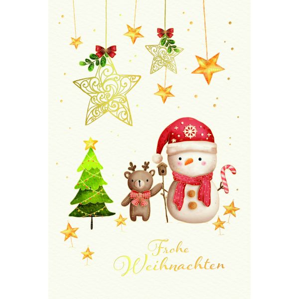 Weihnachten Glückwunschkarten Weihnachtsbaum, Rentier, Schneemann, Sterne, Naturkarton, mit Goldfolie und Blindprägung