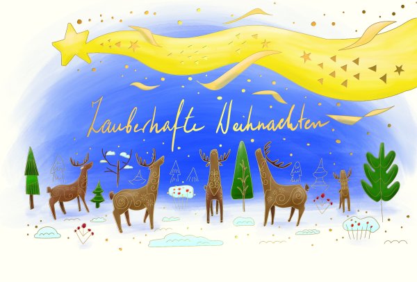 A - Weihnachten - Glückwunschkarte im Format 11,5 x 17 cm mit Umschlag - Sternschnuppe, Rentiere - mit Goldfolie - Skorpion