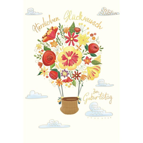 Geburtstag Skorpions Art - Glückwunschkarte im Format 11,5 x 17 cm mit Umschlag - Korb an Blumen, Wolken - mit Goldfolie