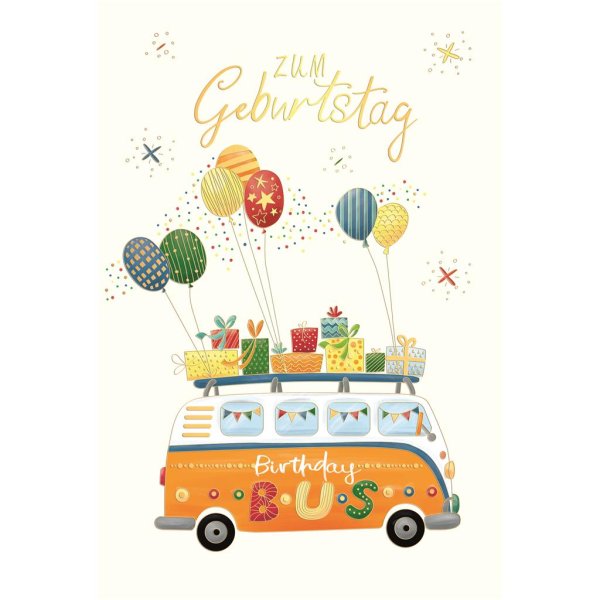 Geburtstag Skorpions Art - Glückwunschkarte im Format 11,5 x 17 cm mit Umschlag - Bus mit Geschenken und Luftballons auf Dach - mit Goldfolie