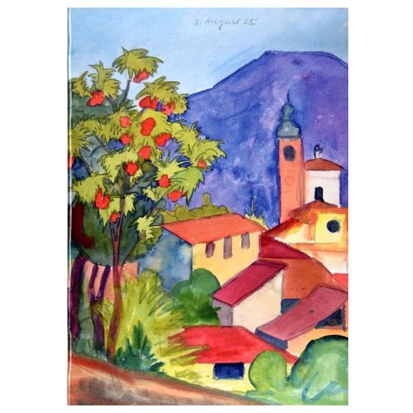 Kunstkarten - Aufklappkarte-Doppelkarte im Format 11,5 x 16,6 cm mit passendem Briefumschlag - Künstler: Hesse, Hermann - Tessiner Häuser mit Kirche, rot blühendem Baum - Fink Verlag