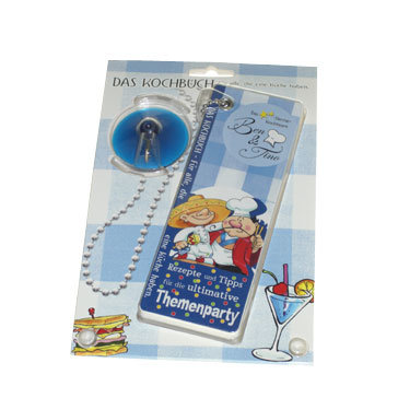 Humor - Spaßbuch mit Saugnapf an Kette im Format 6 x17 cm - „Das Kochbuch – Themenparty“