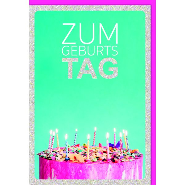 Geburtstag Glückwunschkarte mit Umschlag brennende Kerzen auf Kuchen