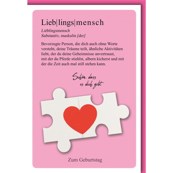 Geburtstag Glückwunschkarte mit Umschlag Lieblingsmensch, Puzzleteile Herz