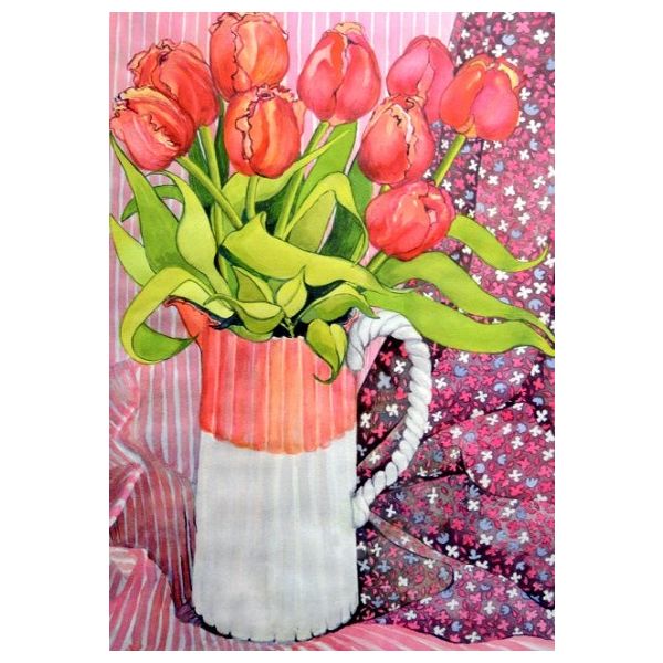 Kunstkarten - Aufklappkarte-Doppelkarte im Format 11,5 x 16,6 cm mit passendem Briefumschlag - Künstler: Thewsey, Joan - Tulpen in einem rosa-weißen Krug - Fink Verlag