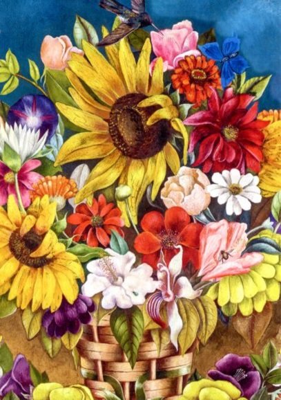 Kunstkarten - Aufklappkarte-Doppelkarte im Format 11,5 x 16,6 cm mit passendem Briefumschlag - Künstler: Kahlo, Frida - Der Blumenkorb, Ausschnitt - Fink Verlag