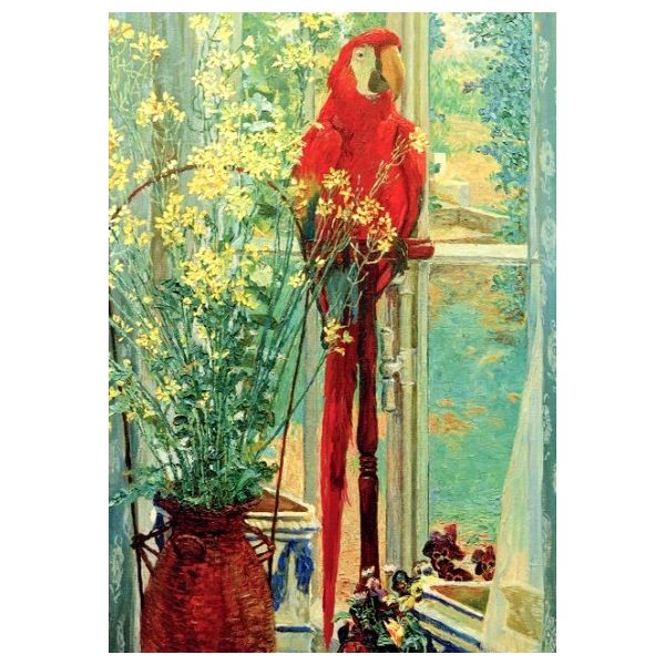 Kunstkarten - Aufklappkarte-Doppelkarte im Format 11,5 x 16,6 cm mit passendem Briefumschlag - Künstler: Vogeler, Heinrich - Blumenstillleben mit Papagei am Fenster - Fink Verlag