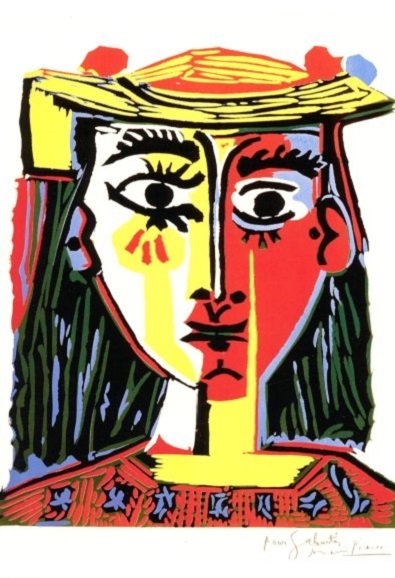 Kunstkarten - Aufklappkarte-Doppelkarte im Format 11,5 x 16,6 cm mit passendem Briefumschlag - Künstler: Picasso, Pablo - Portrait einer Frau mit Pompom-Hut - Fink Verlag