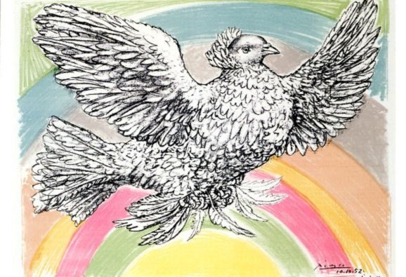 Kunstkarten - Aufklappkarte-Doppelkarte im Format 11,5 x 16,6 cm mit passendem Briefumschlag - Künstler: Picasso, Pablo - Fliegende Taube mit Regenbogen - Fink Verlag
