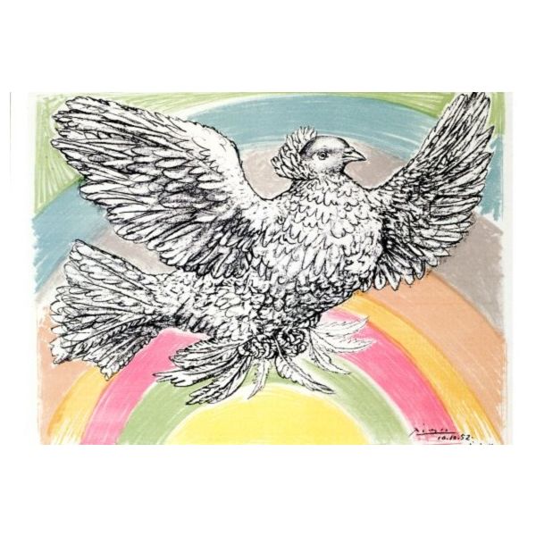 Kunstkarten - Aufklappkarte-Doppelkarte im Format 11,5 x 16,6 cm mit passendem Briefumschlag - Künstler: Picasso, Pablo - Fliegende Taube mit Regenbogen - Fink Verlag
