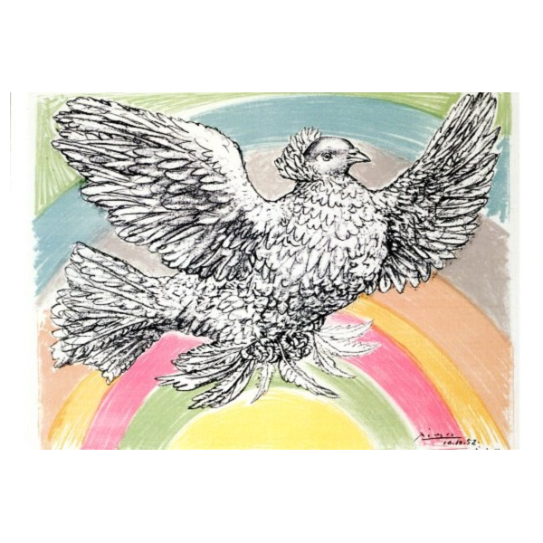 Kunstkarten - Aufklappkarte-Doppelkarte im Format 11,5 x 16,6 cm mit passendem Briefumschlag - Künstler: Picasso, Pablo - Fliegende Taube mit Regenbogen - Fink Verlag