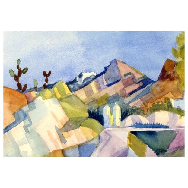 Kunstkarten - Aufklappkarte-Doppelkarte im Format 11,5 x 16,6 cm mit passendem Briefumschlag - Künstler: Macke, August - Felsige Landschaft - Fink Verlag