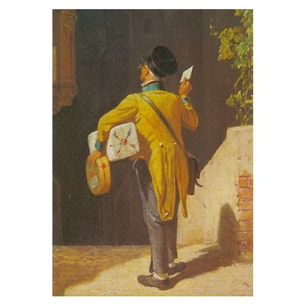 Kunstkarten - Aufklappkarte-Doppelkarte im Format 11,5 x 16,6 cm mit passendem Briefumschlag - Künstler: Spitzweg, Carl - Der Briefbote im Rosenthal, Ausschnitt - Fink Verlag