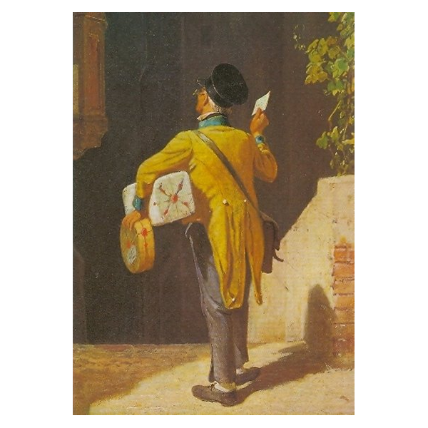 Kunstkarten - Aufklappkarte-Doppelkarte im Format 11,5 x 16,6 cm mit passendem Briefumschlag - Künstler: Spitzweg, Carl - Der Briefbote im Rosenthal, Ausschnitt - Fink Verlag
