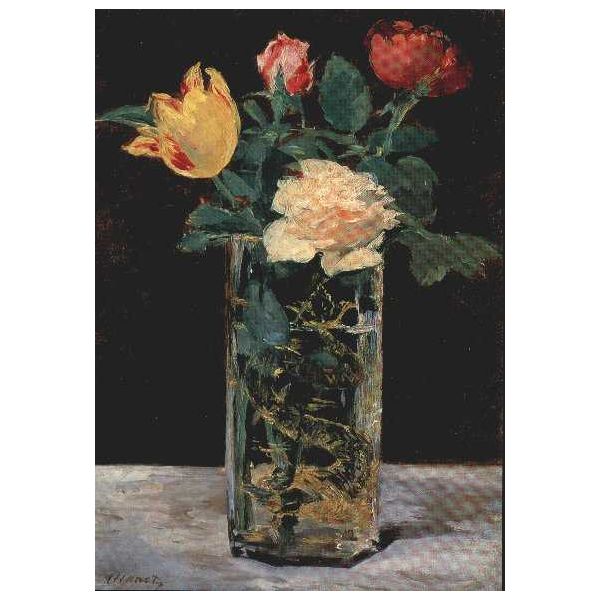 Kunstkarten - Aufklappkarte-Doppelkarte im Format 11,5 x 16,6 cm mit passendem Briefumschlag - Künstler: Manet, Edouard - Rose und Tulpe - Fink Verlag