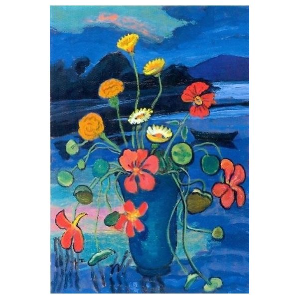 Kunstkarten - Aufklappkarte-Doppelkarte im Format 11,5 x 16,6 cm mit passendem Briefumschlag - Künstler: Münter, Gabriele - Blumenstillleben vor Landschaft - Fink Verlag
