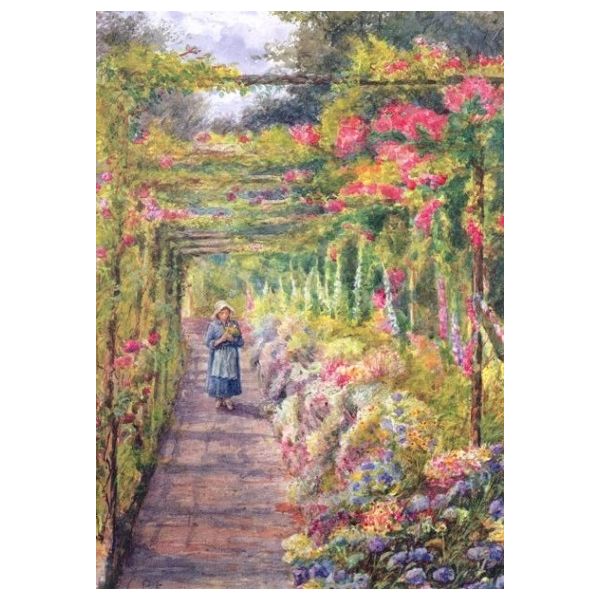 Kunstkarten - Aufklappkarte-Doppelkarte im Format 11,5 x 16,6 cm mit passendem Briefumschlag - Künstler: Englische Schule - Junges Mädchen unter einer Rosenpergola - Fink Verlag
