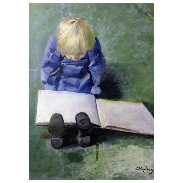 Kunstkarten - Aufklappkarte-Doppelkarte im Format 11,5 x 16,6 cm mit passendem Briefumschlag - Künstler: Krohg, Christian - Klein-Ebbe, lesend - Fink Verlag