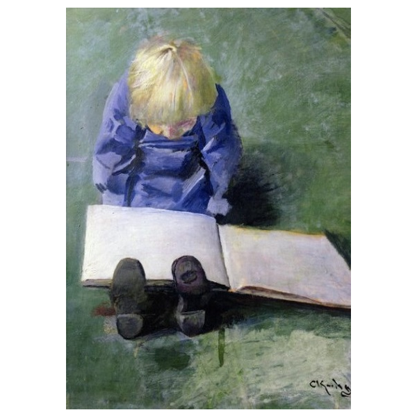 Kunstkarten - Aufklappkarte-Doppelkarte im Format 11,5 x 16,6 cm mit passendem Briefumschlag - Künstler: Krohg, Christian - Klein-Ebbe, lesend - Fink Verlag