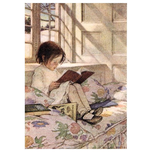 Kunstkarten - Aufklappkarte-Doppelkarte im Format 11,5 x 16,6 cm mit passendem Briefumschlag - Künstler: Smith, Jessie Willcox - Lesendes Mädchen - Fink Verlag