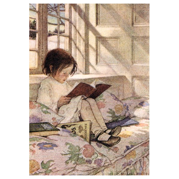 Kunstkarten - Aufklappkarte-Doppelkarte im Format 11,5 x 16,6 cm mit passendem Briefumschlag - Künstler: Smith, Jessie Willcox - Lesendes Mädchen - Fink Verlag
