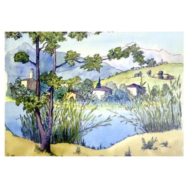 Kunstkarten - Aufklappkarte-Doppelkarte im Format 11,5 x 16,6 cm mit passendem Briefumschlag - Künstler: Hesse, Hermann - Seeufer mit Dorf und Bergen - Fink Verlag